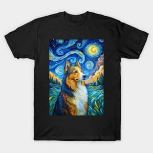 Adorable Shetland Sheepdog Dog Breed Painting in a Van Gogh Starry Night Art Style T-Shirt